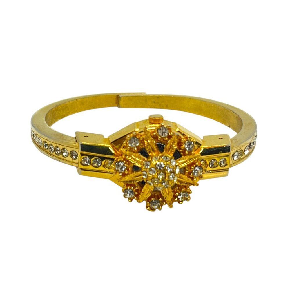 VINTAGE WATCH BRACELET Gold Tone Rhinestone Cuff Bangle Ornate AS IS